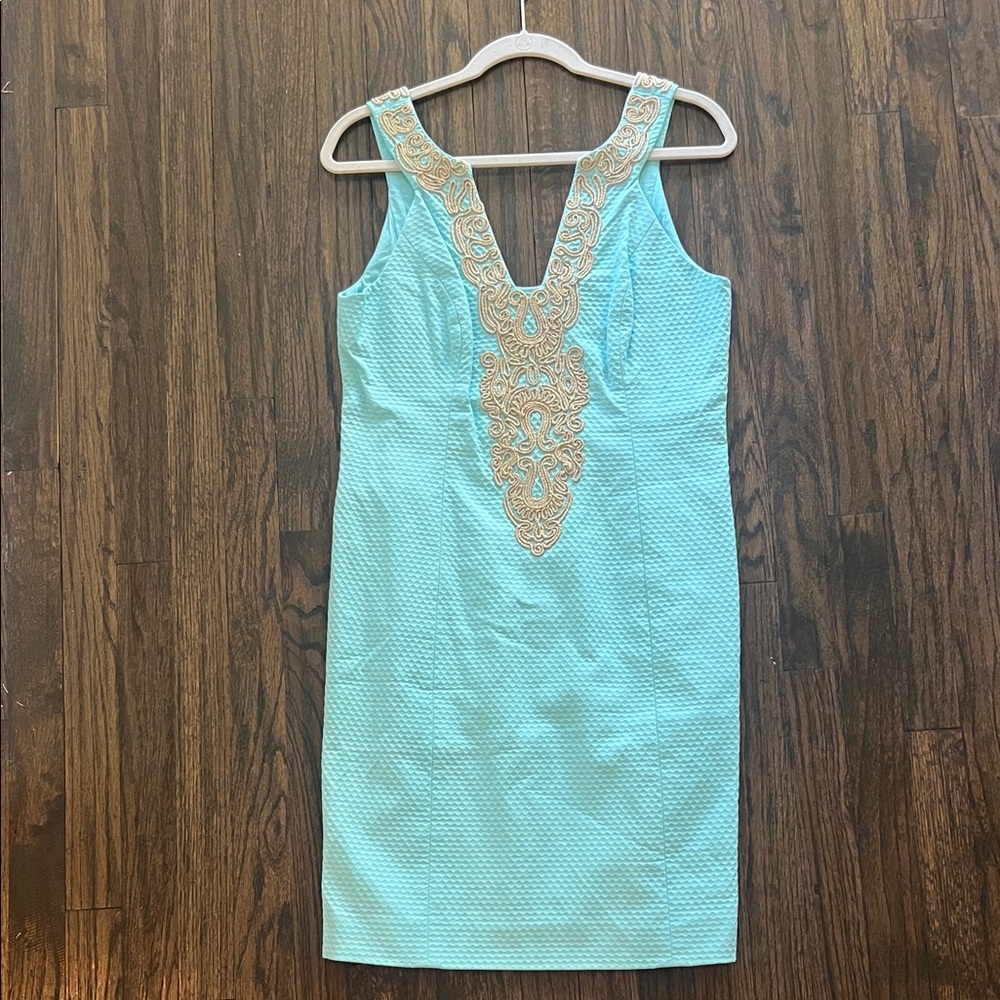 Lilly Pulitzer Aqua Dress with Gold Embroidery
